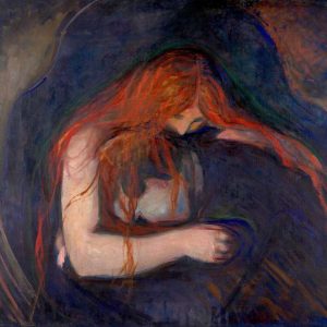 Painting of a red-haired woman embracing and kissing a man's neck against a dark background by Edvard Munch.