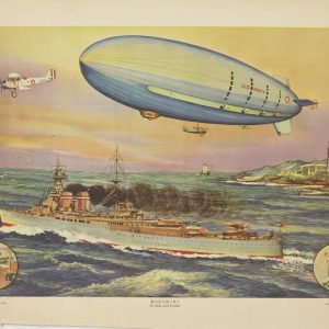 Vintage 1937 illustration of a US Navy airship flying over a cruiser at sea with inset views of the dirigible's interior.