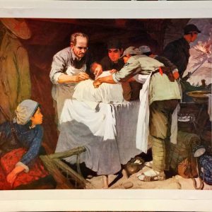 1973 Chinese propaganda poster showing Canadian doctor Norman Bethune performing battlefield surgery during the Sino-Japanese War.