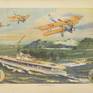 Vintage educational poster titled The Fighting Plane and the Aircraft Carrier showing biplanes flying over a naval warship at sea.