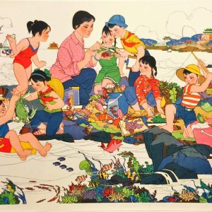 Vintage Chinese poster showing children and a teacher examining crabs, shells, and marine life on a rocky shore.
