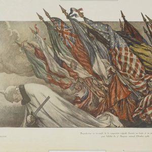 Allied flags bearing down on a defeated Kaiser Wilhelm II with a broken sword in a vintage war poster.