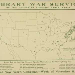1918 Library War Service map of the United States displaying locations of WWI military camp libraries and distribution statistics.