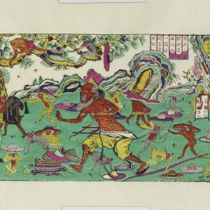 Antique Chinese folk art woodblock print depicting mischievous monkeys stealing straw hats from a panicked peddler.