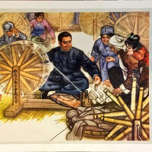 Vintage Chinese propaganda poster showing Premier Zhou Enlai sitting on the floor operating a traditional wooden textile spinning wheel.