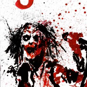 Aggressive black metal ink painting of a screaming figure with red paint splatters in a heavy metal concert style by Kim Diaz Holm.