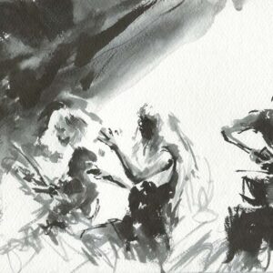 Ink wash drawing of an extreme metal drummer performing live with a chaotic smoky background by artist Kim Diaz Holm.