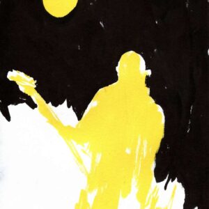 Yellow silhouette of a metal guitarist under a yellow full moon against a dark ink background by Kim Holm.