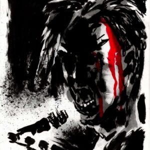 Expressionist black ink portrait of a heavy metal singer performing live with dramatic red paint strokes on his face.