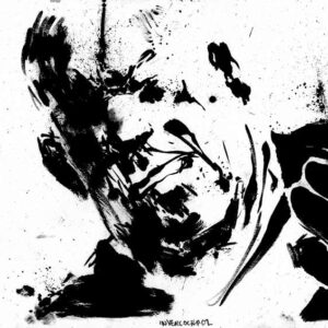 Abstract black and white ink portrait of a heavy metal singer screaming mid-performance with dramatic splatters.
