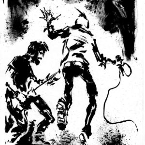 Dynamic black ink drawing of a hardcore punk singer jumping on stage next to a guitarist with dramatic ink splatters.