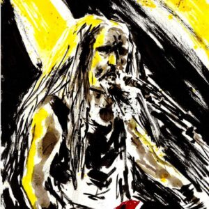 High-contrast ink portrait of a long-haired heavy metal singer with a red guitar against a vibrant yellow and black background.