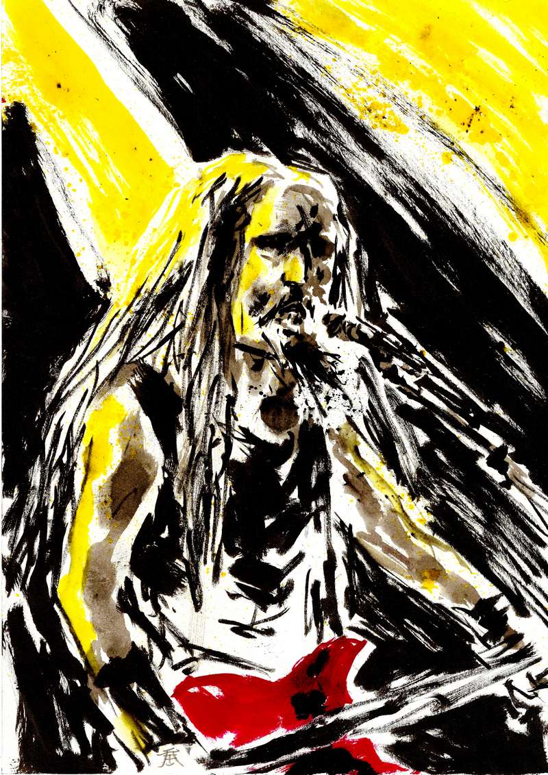Vivid heavy metal guitarist ink poster High-contrast ink portrait of a long-haired heavy metal singer with a red guitar against a vibrant yellow and black background.