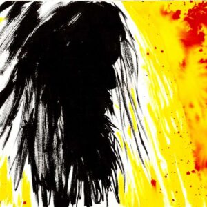 extured ink silhouette of a long-haired heavy metal singer profile against an explosive yellow and red watercolor background.