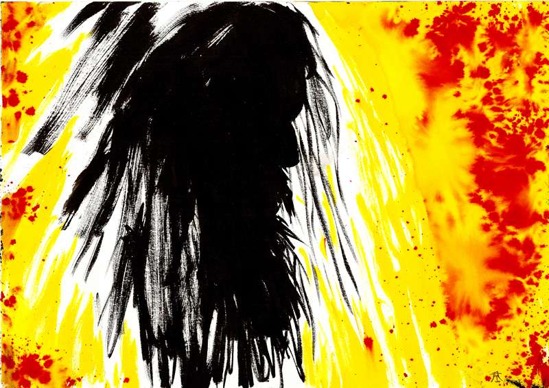 Psychedelic rock singer silhouette art extured ink silhouette of a long-haired heavy metal singer profile against an explosive yellow and red watercolor background.