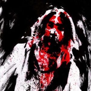 Dramatic expressionist ink portrait of a metal vocalist obscured by heavy crimson red paint splatters and dark shadows.