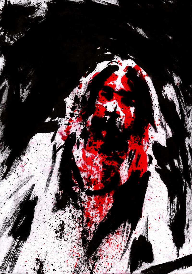 Gothic metal singer crimson ink artwork Dramatic expressionist ink portrait of a metal vocalist obscured by heavy crimson red paint splatters and dark shadows.