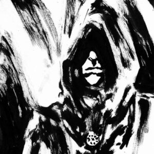 Dark monochrome ink illustration of an enigmatic hooded figure with a medallion reminiscent of a black metal vocalist.