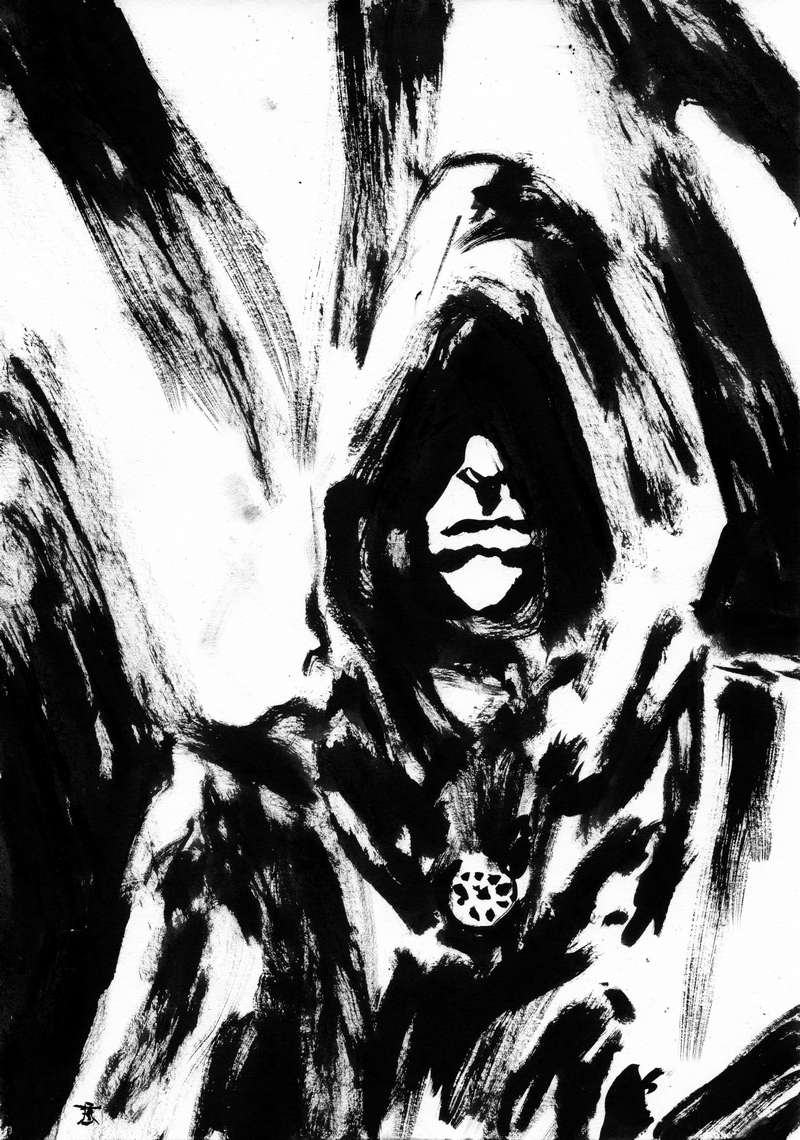 Hooded black metal singer ink painting Dark monochrome ink illustration of an enigmatic hooded figure with a medallion reminiscent of a black metal vocalist.