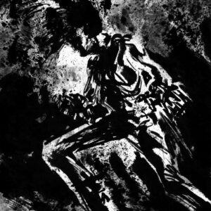 High-contrast monochrome ink drawing of a heavy metal singer bent over on stage surrounded by intense black splatters.