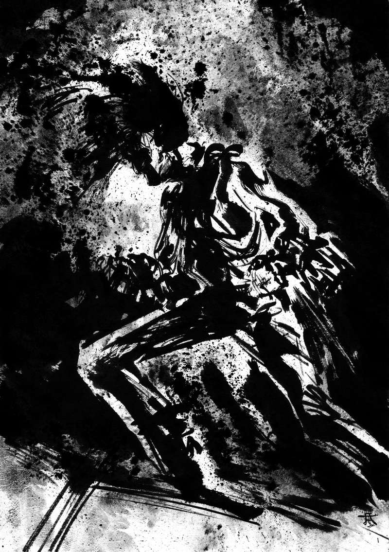 Splattered heavy metal musician ink canvas High-contrast monochrome ink drawing of a heavy metal singer bent over on stage surrounded by intense black splatters.