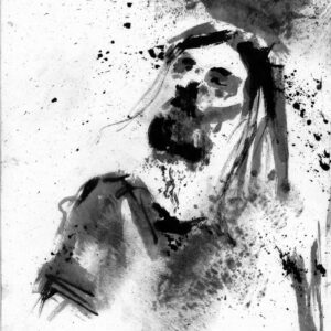 Ethereal monochrome ink portrait of a long-haired bearded metal singer with closed eyes in a state of musical trance.