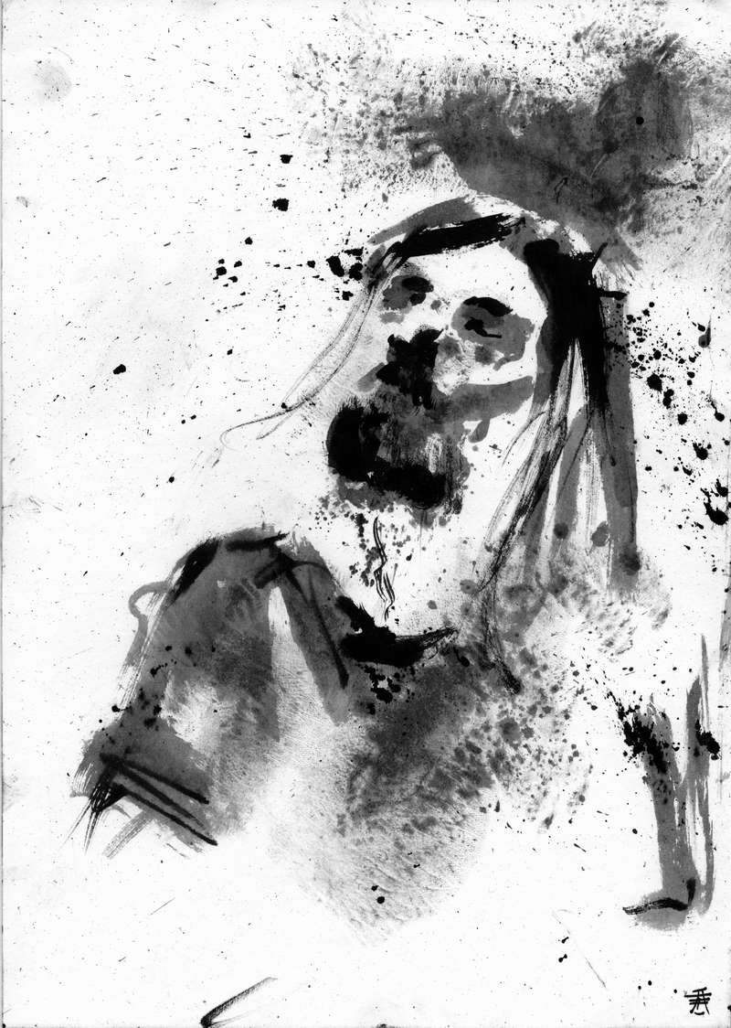 Somber heavy metal singer ink sketch Ethereal monochrome ink portrait of a long-haired bearded metal singer with closed eyes in a state of musical trance.