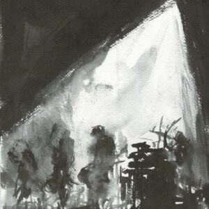 Ink wash painting of a dark metal stage silhouette with a bright dramatic spotlight shining through fog by artist Kim Diaz Holm.