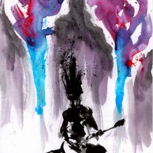 Expressionist black ink silhouette of a metal guitarist performing on stage framed by vibrant purple and blue watercolor flames.
