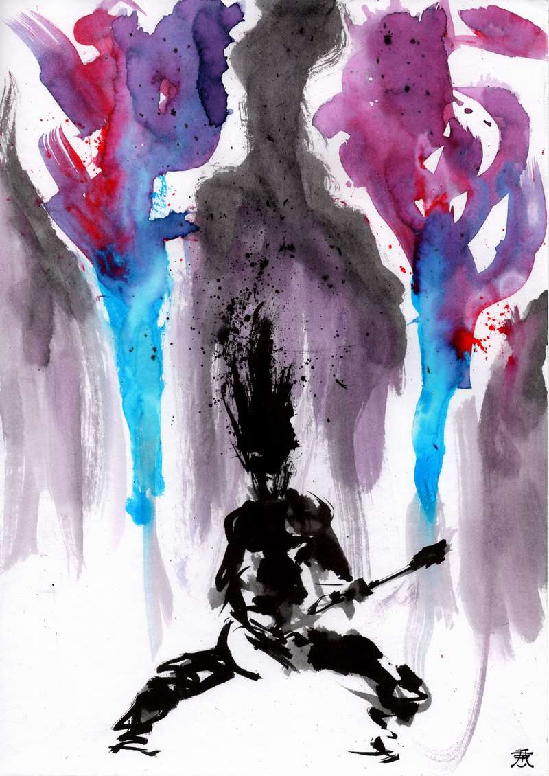 Neon heavy metal guitarist watercolor print Expressionist black ink silhouette of a metal guitarist performing on stage framed by vibrant purple and blue watercolor flames.