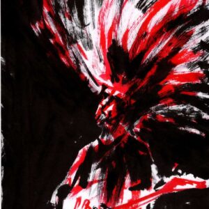 Expressionist black and red ink portrait of a long-haired heavy metal guitarist headbanging violently during a live performance.