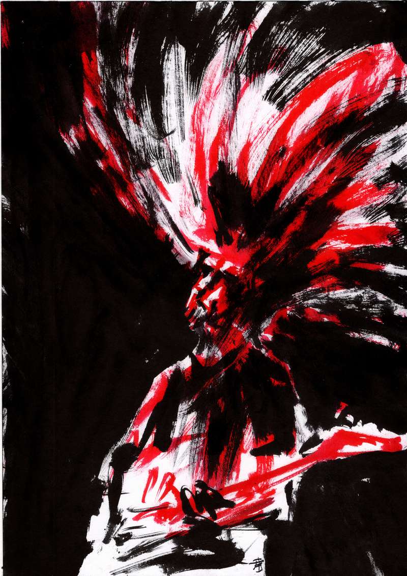 Red heavy metal guitarist ink canvas Expressionist black and red ink portrait of a long-haired heavy metal guitarist headbanging violently during a live performance.
