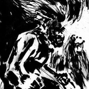 Raw monochrome ink illustration of a bearded heavy metal guitarist with flying long hair playing an intense riff on stage.