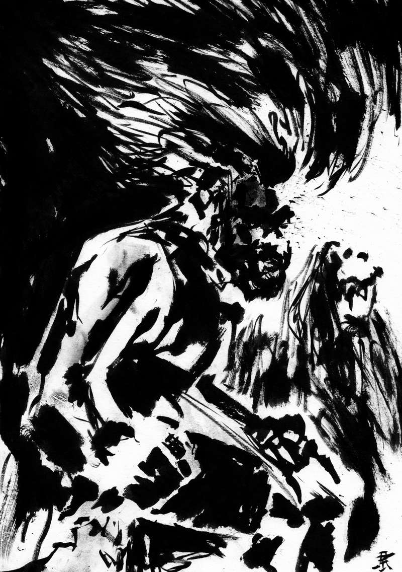 Bearded metal guitarist ink artwork Raw monochrome ink illustration of a bearded heavy metal guitarist with flying long hair playing an intense riff on stage.