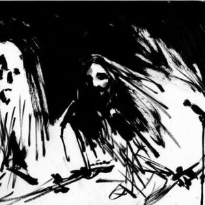 Horizontal monochrome ink artwork showcasing a heavy metal guitarist and bassist performing together on a dark stage with a microphone.