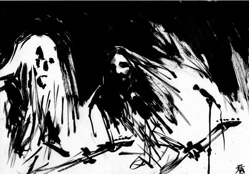 Heavy metal band stage ink illustration Horizontal monochrome ink artwork showcasing a heavy metal guitarist and bassist performing together on a dark stage with a microphone.