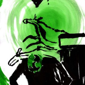 Expressionist black ink portrait of a metal musician on stage framed by a vibrant circular green watercolor background.