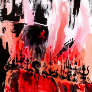 Dark expressionist ink illustration of a fiery red hellscape with gothic black spikes and heavy smoke textures.