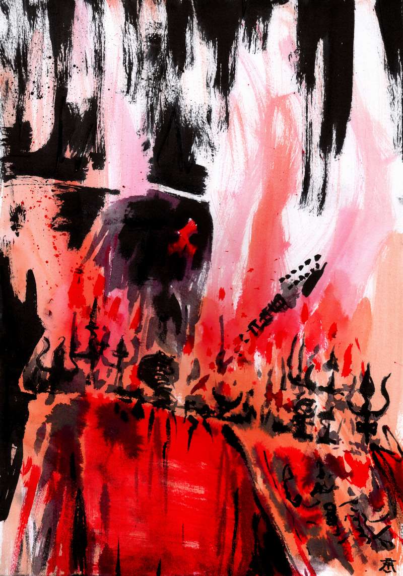 Red apocalyptic heavy metal art poster Dark expressionist ink illustration of a fiery red hellscape with gothic black spikes and heavy smoke textures.