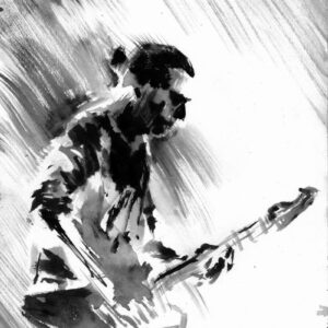 Dynamic grayscale ink sketch of a heavy metal guitarist with tied-back hair playing an electric guitar against curved speedlines.