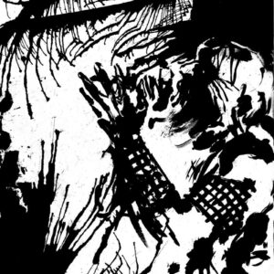 Abstract black and white ink drawing featuring chaotic cage grids textures and visceral splatters of dark paint.