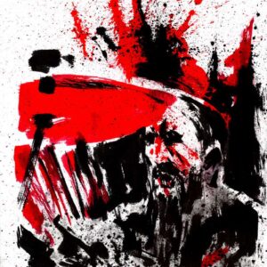 Expressionist black ink portrait of a heavy metal drummer playing behind cymbals with explosive red brushstrokes.