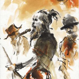 Ink and sepia watercolor drawing of heavy metal musicians with dreadlocks performing live on stage by artist Kim Diaz Holm.