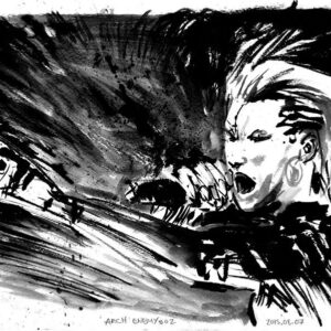 Expressionist monochrome illustration of Arch Enemy vocal female artist screaming into microphone on stage by Kim Diaz Holm.