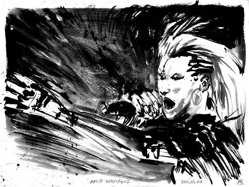 Arch Enemy live concert portrait by Kim Diaz Holm Expressionist monochrome illustration of Arch Enemy vocal female artist screaming into microphone on stage by Kim Diaz Holm.