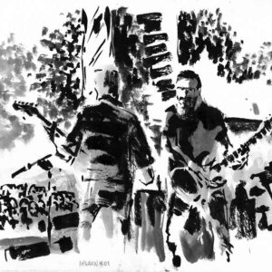Monochrome expressionist drawing of Ihsahn performing live with guitars on stage by Norwegian artist Kim Diaz Holm.
