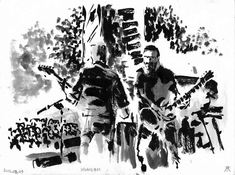 Ihsahn progressive metal concert drawing by Kim Diaz Holm Monochrome expressionist drawing of Ihsahn performing live with guitars on stage by Norwegian artist Kim Diaz Holm.