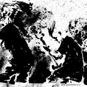Abstract monochrome drawing with splatters depicting Pig Destroyer band performing extreme live music by artist Kim Diaz Holm.