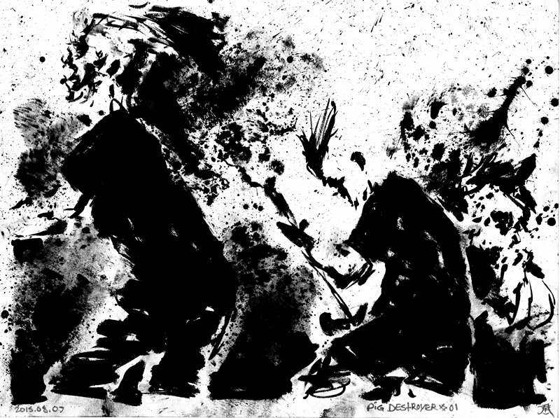 Pig Destroyer grindcore concert drawing by Kim Diaz Holm Abstract monochrome drawing with splatters depicting Pig Destroyer band performing extreme live music by artist Kim Diaz Holm.