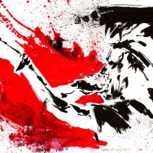 Expressionist red and black watercolor drawing of Lamb of God vocalist performing live on stage by artist Kim Diaz Holm.